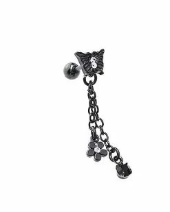Hot Sale 🔔 CZ Black Butterfly Flower Chain Dangle Cartilage Earring - 18 Gauge ⌛ -Playboy Shop 04101952 b 1