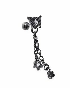 Hot Sale 🔔 CZ Black Butterfly Flower Chain Dangle Cartilage Earring - 18 Gauge ⌛ -Playboy Shop 04101952 c 1