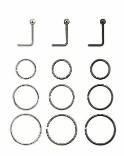 Wholesale 🧨 Multi-Pack Silvertone and Black L-Bend and Hoop Nose Rings 12 Pack - 20 Gauge 🌟