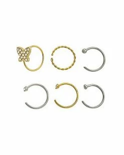 Best Pirce 🔥 Multi-Pack CZ Butterfly Half Hoop and Hoop Nose Rings 6 Pack - 20 Gauge 😀
