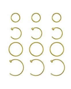 Flash Sale 🔔 Multi-Pack Goldtone Titanium Hoop Nose Rings and Half Hoop Nose Rings 12 Pack - 20 Gauge 🛒