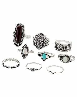 Budget 👍 Multi-Pack Black and Turquoise Gem Rings - 9 Pack ⭐