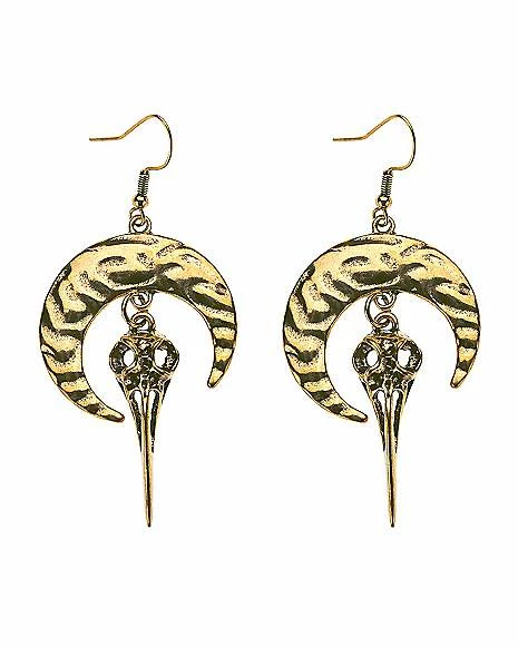 Buy ⭐ Antique Gold Plated Raven Skull Dangle Earrings ✨ 3 Buy ⭐ Antique Gold Plated Raven Skull Dangle Earrings ✨