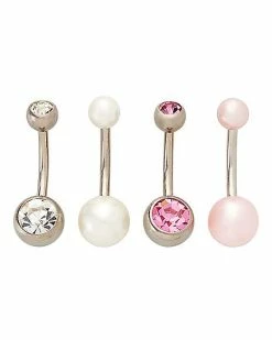 Best Pirce 💯 Multi-Pack CZ White Pink and Pearl-Effect Titanium Belly Rings 4 Pack - 14 Gauge 😉