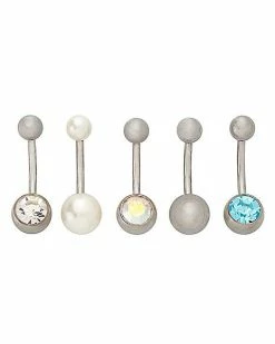 Coupon ✨ Multi-Pack CZ Blue Clear and Pearl-Effect Belly Rings 5 Pack - 14 Gauge 👏