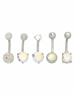 Promo 💯 Multi-Pack CZ Silvertone Belly Rings 5 Pack - 14 Gauge ❤️