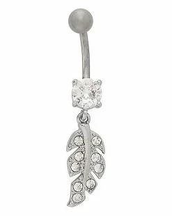 New ❤️ CZ Titanium Leaf Dangle Belly Ring - 14 Gauge 💯