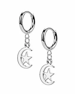 Coupon 🛒 Silvertone Crescent Moon and Star Dangle Huggie Hoop Earrings - 20 Gauge ⌛
