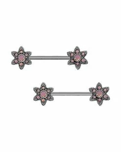 Deals 👏 CZ Pink Opal-Effect Nipple Barbells - 14 Gauge 🌟