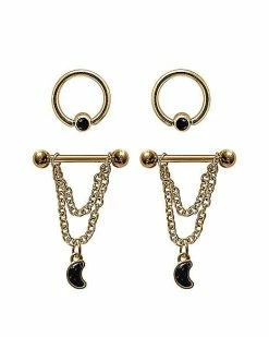 Budget 🥰 Multi-Pack CZ Black Moon Captive Bead Rings and Chain Dangle Nipple Barbells 2 Pair - 14 Gauge ⌛