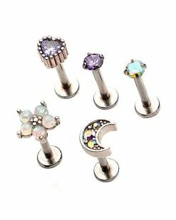 Cheapest 👍 Multi-Pack CZ Flower Heart Moon Labret Lip Rings 5 Pack - 16 Gauge 😉 -Playboy Shop 04116232 b