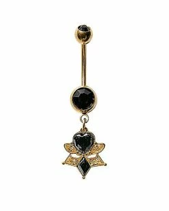 Wholesale ⭐ Black and Goldtone CZ Heart Dangle Belly Ring - 14 Gauge 🎉