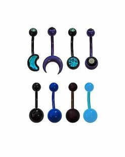 Promo ✨ Multi-Pack CZ Black and Blue Moon Belly Rings 8 Pack - 14 Gauge 🌟