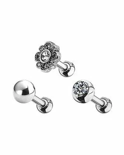 Outlet 💯 Multi-Pack CZ Silvertone Flower Cartilage Barbells 3 Pack - 16 Gauge ❤️
