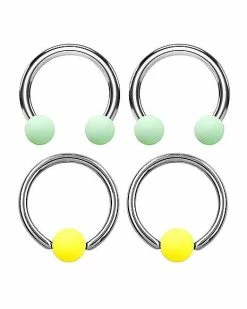 Best Sale 🎁 Multi-Pack Silvertone Green and Yellow Matte Horseshoe and Captive Rings 2 Pair - 16 Gauge 😉