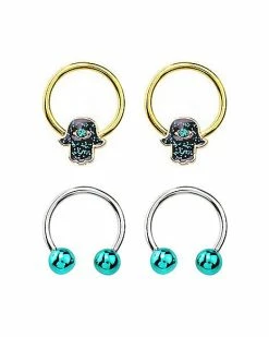 Wholesale ❤️ Multi-Pack CZ Teal Hamsa Hand Horseshoe and Captive Rings 2 Pair - 16 Gauge 🔥