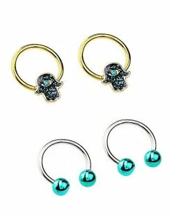 Wholesale ❤️ Multi-Pack CZ Teal Hamsa Hand Horseshoe and Captive Rings 2 Pair - 16 Gauge 🔥 -Playboy Shop 04117180 c