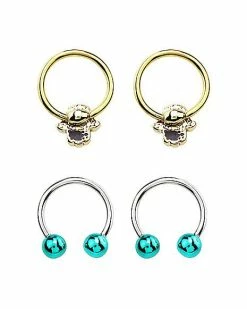 Wholesale ❤️ Multi-Pack CZ Teal Hamsa Hand Horseshoe and Captive Rings 2 Pair - 16 Gauge 🔥 -Playboy Shop 04117180 d