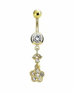 Deals 👍 Round CZ Flower Goldtone Dangle Belly Ring - 14 Gauge 🥰