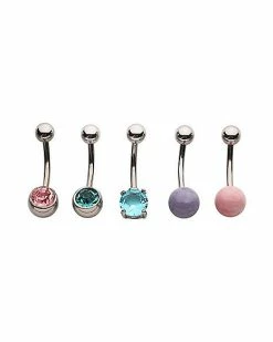 Budget 🎁 Multi-Pack CZ Pink Blue and Purple Belly Rings 5 Pack - 14 Gauge ⌛