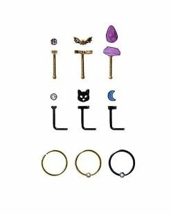 Discount 🎁 Multi-Pack CZ Bat and Cat Hoop and L-Bend Nose Rings 9 Pack - 20 Gauge 🥰