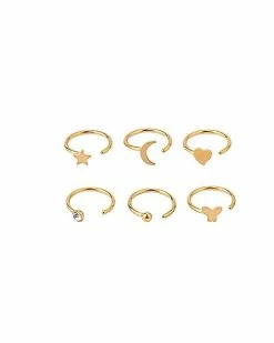 Wholesale 🌟 Multi-Pack CZ Goldtone Star Heart Moon Butterfly Hoop Nose Rings 6 Pack - 20 Gauge 😍