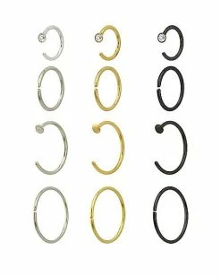 Hot Sale 🎉 Multi-Pack CZ Goldtone and Black Hoop Nose Rings and Half Hoop Nose Rings 12 Pack - 20 Gauge 🌟