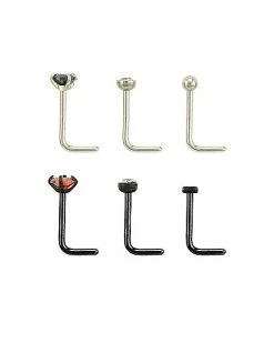 Promo 🥰 Multi-Pack CZ Silvertone and Black L-Bend Nose Rings 6 Pack - 20 Gauge ⭐