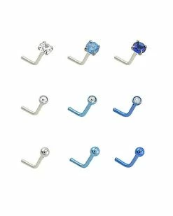 Flash Sale 😀 Multi-Pack CZ Blue and Teal L-Bend Nose Rings 9 Pack - 20 Gauge 🧨 -Playboy Shop 04119129 b