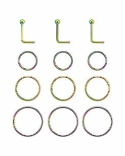 Hot Sale 👍 Multi-Pack Rainbow L-Bend and Hoop Nose Rings 12 Pack - 20 Gauge 🥰