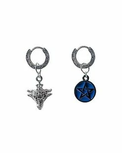 Cheap π Pentagram and Baphomet Mismatched Huggie Hoop Dangle Earrings π
