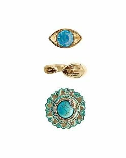 Flash Sale 👏 Multi-Pack CZ Teal Flower Snake and Eye Rings - 3 Pack 🔔