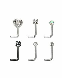 Deals ❤️ Multi-Pack Prong CZ Heart L-Bend Nose Rings 6 Pack - 20 Gauge 🤩 -Playboy Shop 04173274 a