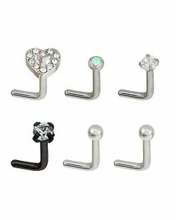 Deals ❤️ Multi-Pack Prong CZ Heart L-Bend Nose Rings 6 Pack - 20 Gauge 🤩 -Playboy Shop 04173274 b
