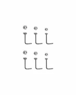 Flash Sale ✔️ Multi-Pack Silvertone CZ L-Bend Stud Nose Rings 6 Pack - 20 Gauge 🛒