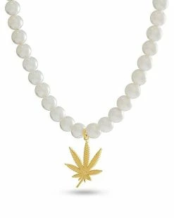 Cheapest 👏 Pearl-Effect Goldplated Weed Leaf Necklace 🎉 -Playboy Shop 07649023 c